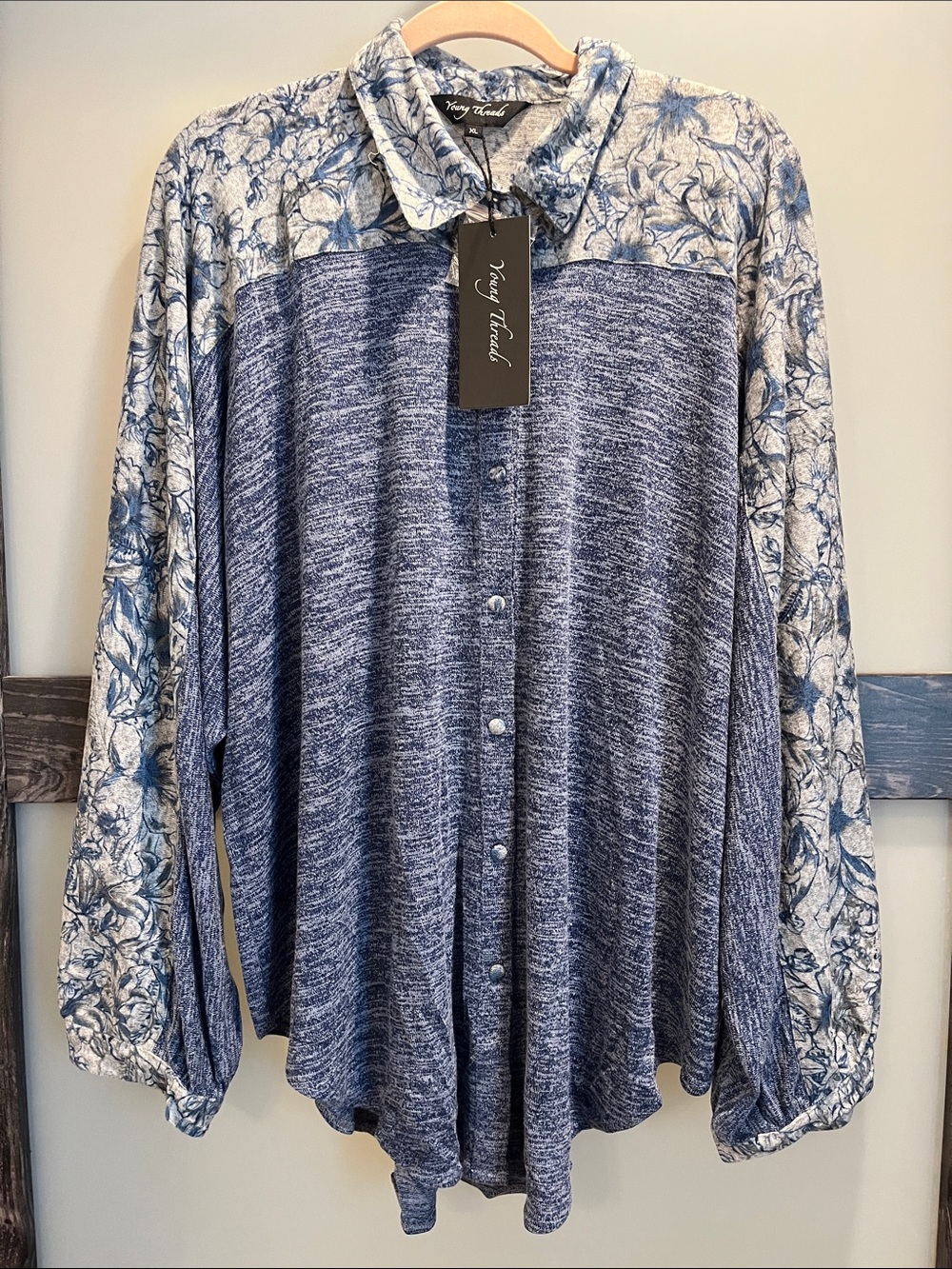 Blue Mixed-Print Button-Down Shirt